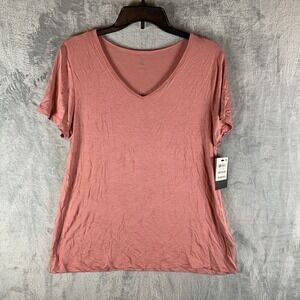 Ideology Women's M‎ Top V Neck T Tee Shirt Lip gloss Pink Loose Fit Short Sleeve